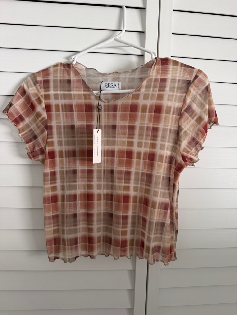 RESA Rust and Cream Plaid Short Sleeve Ruffle Top